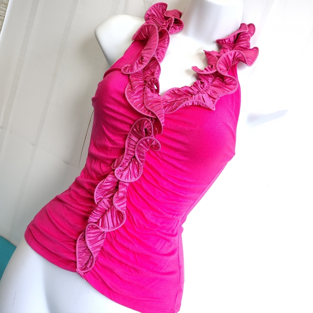 Marshmallow Halter Ruffle Trim Sleeveless Top Fuchsia - S